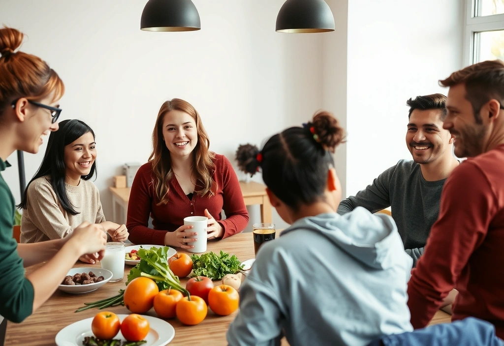 Gruppe von Menschen lacht und interagiert während eines interaktiven Workshops zum Thema gesunde Ernährung, mit frischen Zutaten auf dem Tisch.